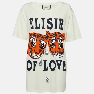 Pre-owned Gucci Cream Elisir Of Love Cotton Crew Neck T-shirt M