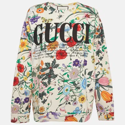 Pre-owned Gucci Cream Flora Print Cotton Crewneck Oversized Sweatshirt M