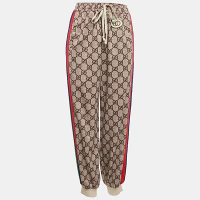 Pre-owned Gucci Cream Gg Supreme Print Jersey Track Pants L In White