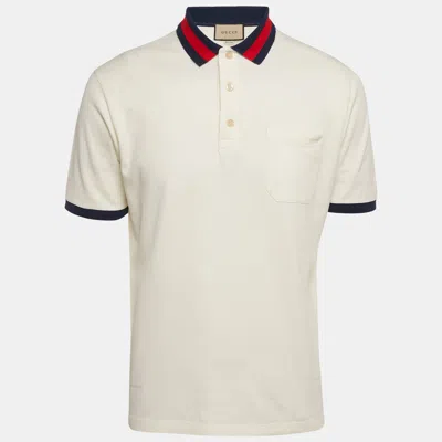 Pre-owned Gucci Cream Gg Web Collar Pique Cotton Polo T-shirt S In White