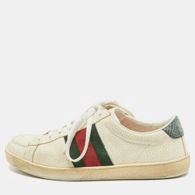 Pre-owned Gucci Cream Grained Leather Ace Sneakers Size 41.5