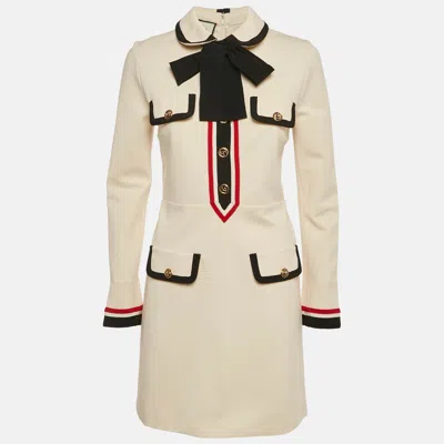 Pre-owned Gucci Cream Jersey Tie-up Collar Mini Dress M In Sand