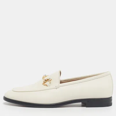 Pre-owned Gucci Cream Leather Crystal Embellished Jordaan Loafers Size 38.5 In White