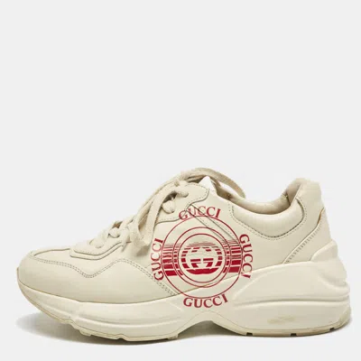 Pre-owned Gucci Cream Leather Disk Print Rhyton Sneakers Size 38 In White