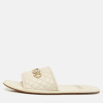 Pre-owned Gucci Cream Leather Gg Logo Flat Slides Size 37 In White