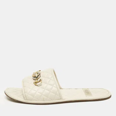 Pre-owned Gucci Cream Leather Gg Logo Flat Slides Size 38