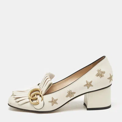 Pre-owned Gucci Cream Leather Gg Marmont Fringe Block Heel Pumps Size 37