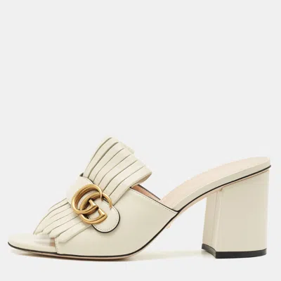 Pre-owned Gucci Cream Leather Gg Marmont Fringe Block Heel Slide Sandals Size 39
