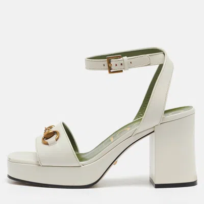 Pre-owned Gucci Cream Leather Gg Marmont Platform Block Heel Ankle Strap Sandals Size 38.5