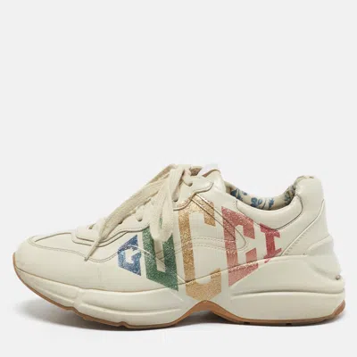 Pre-owned Gucci Cream Leather Glitter Logo Rhyton Sneakers Size 37.5 In White