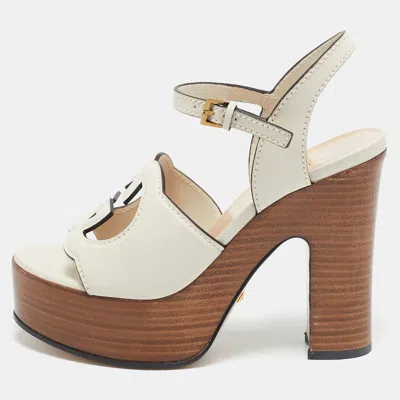 Pre-owned Gucci Cream Leather Horsebit Platform Block Heel Ankle Strap Sandals Size 36