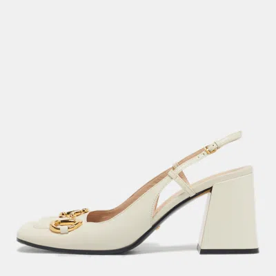Pre-owned Gucci Cream Leather Horsebit Platform Slingback Pumps Size 39 In White