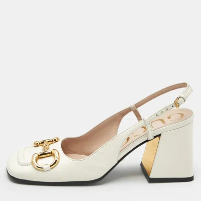Pre-owned Gucci Cream Leather Horsebit Slingback Pumps Size 35 In White