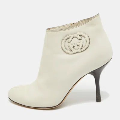 Pre-owned Gucci Cream Leather Interlocking Gg Booties Size 37