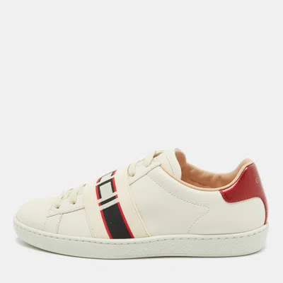 Pre-owned Gucci Cream Leather Logo Elastic Band Ace Sneakers Size 37