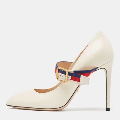 Pre-owned Gucci Cream Leather Mary Jane Sylvie Pumps Size 38.5
