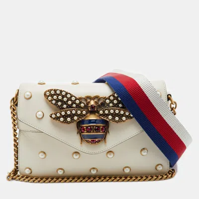 Pre-owned Gucci Cream Leather Mini Faux Pearl Studded Broadway Bee Shoulder Bag In White