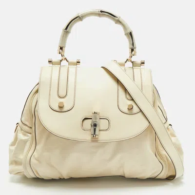 Pre-owned Gucci Cream Leather Pop Bamboo Top Handle Bag In White