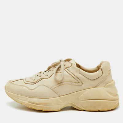 Pre-owned Gucci Cream Leather Rhyton Distressed Ivory Lace Up Sneakers Size 40 In White