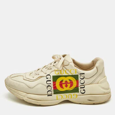 Pre-owned Gucci Cream Leather Rhyton Gg Logo Platform Sneakers Size 44.5 In White
