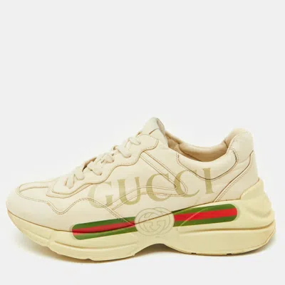 Pre-owned Gucci Cream Leather Rhyton Vintage Logo Low Top Sneakers Size 43 In White