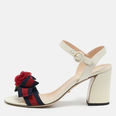 Pre-owned Gucci Cream Leather Web Bow Flower Block Heel Ankle Strap Sandals Size 41