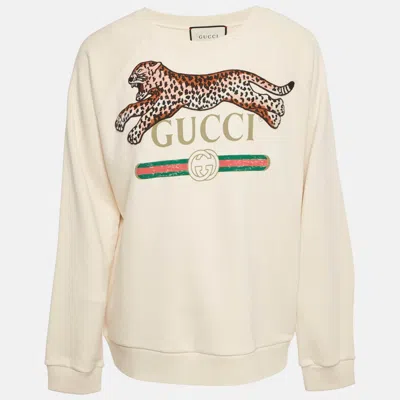Pre-owned Gucci Cream Leopard Applique Cotton Knit Sweatshirt Xl In White