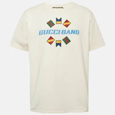 Pre-owned Gucci Cream Logo Band Print Cotton T-shirt Xl In White