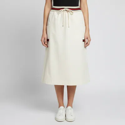 Pre-owned Gucci Cream Logo Detail Web Trim Canvas Midi Skirt M In White