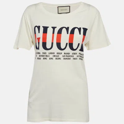 Pre-owned Gucci Cream Logo Print Cotton Jersey T-shirt Xxxs
