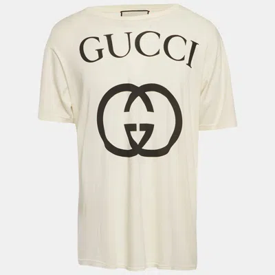 Pre-owned Gucci Cream Logo Print Cotton Oversized Crewneck T-shirt Xs