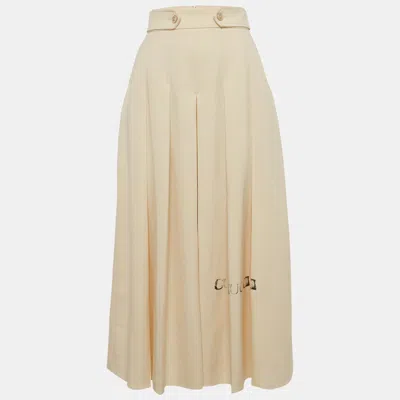 Pre-owned Gucci Cream Logo Print Gabardine Pleated Wool Culottes Trousers S