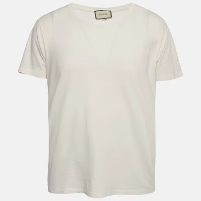 Pre-owned Gucci Cream Logo Print Jersey Distressed T-shirt S In White