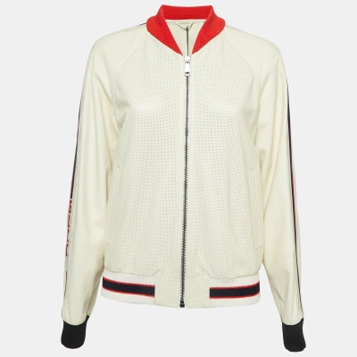 Pre-owned Gucci Cream Logo Print Leather Perforated Detail Bomber Jacket L