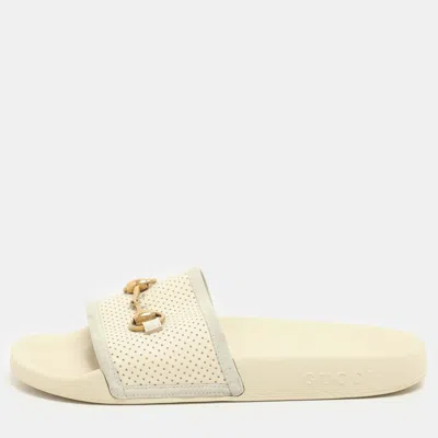 Pre-owned Gucci Cream Perforated Leather Horsebit Flat Slide Size 38 In White