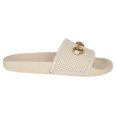 Pre-owned Gucci Cream Perforated Leather Pursuit Slide Sandals Shoes 37 In White