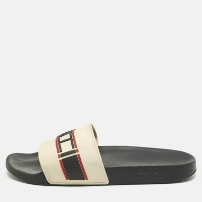 Pre-owned Gucci Cream Rubber Logo Pool Slides Size 44 In White