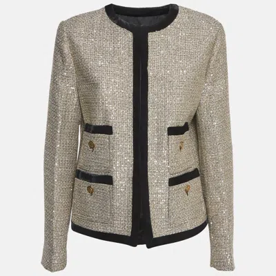 Pre-owned Gucci Cream Sequin Tweed Contrast Trim Collarless Jacket M In Yellow