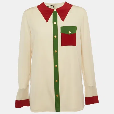 Pre-owned Gucci Cream Silk Long Sleeve Blouse M In Beige