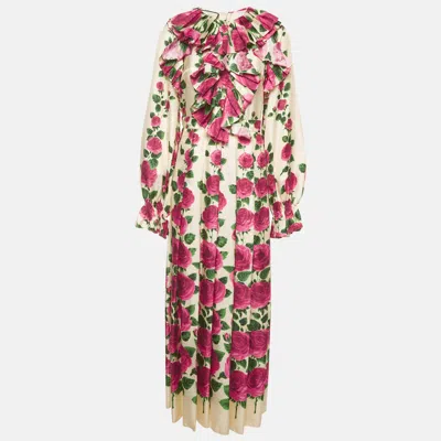 Pre-owned Gucci Cream Silk Rose Garden Print Ruffle Maxi Gown M