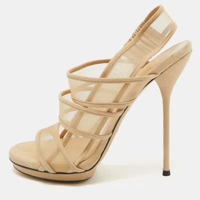 Pre-owned Gucci Cream Suede And Mesh Ankle Strap Sandals Size 38.5