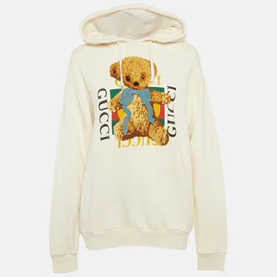 Pre-owned Gucci Cream Teddy Embroidered Cotton Knit Hoodie S