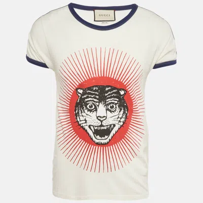 Pre-owned Gucci Cream Tiger Print Jersey Web Trim T-shirt S In White