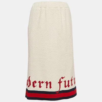 Pre-owned Gucci Cream Tweed Modern Future Embroidered Pencil Skirt M