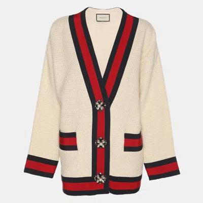 Pre-owned Gucci Cream Tweed Web Ribbon Trim Oversized Cardigan Jacket S In White
