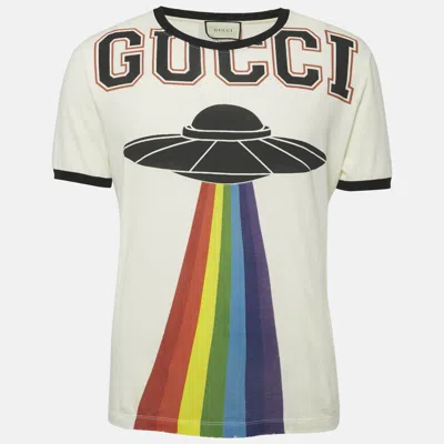 Pre-owned Gucci Cream Ufo Print Cotton Distressed Crew Neck T-shirt S In White