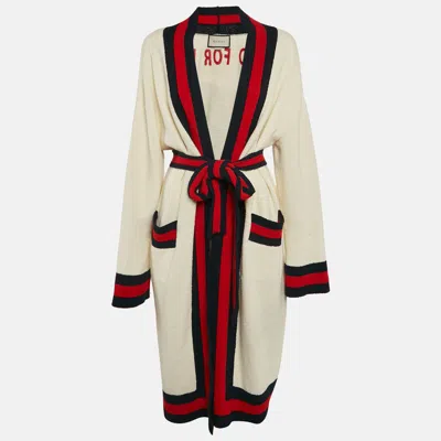 Pre-owned Gucci Cream Web Blind For Love Cotton Terry Tiger Embellished Cardigan M