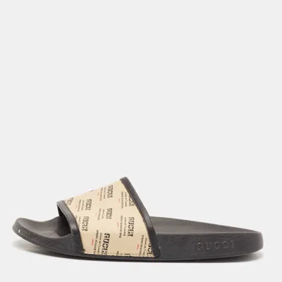 Pre-owned Gucci Cream/black Canvas And Leather Flat Sandals Size 41