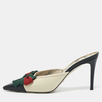 Pre-owned Gucci Cream/black Leather Sackville Web Bow Mules Size 39.5