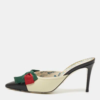 Pre-owned Gucci Cream/black Leather Web Bow Pointed-toe Mules Size 38.5 In White